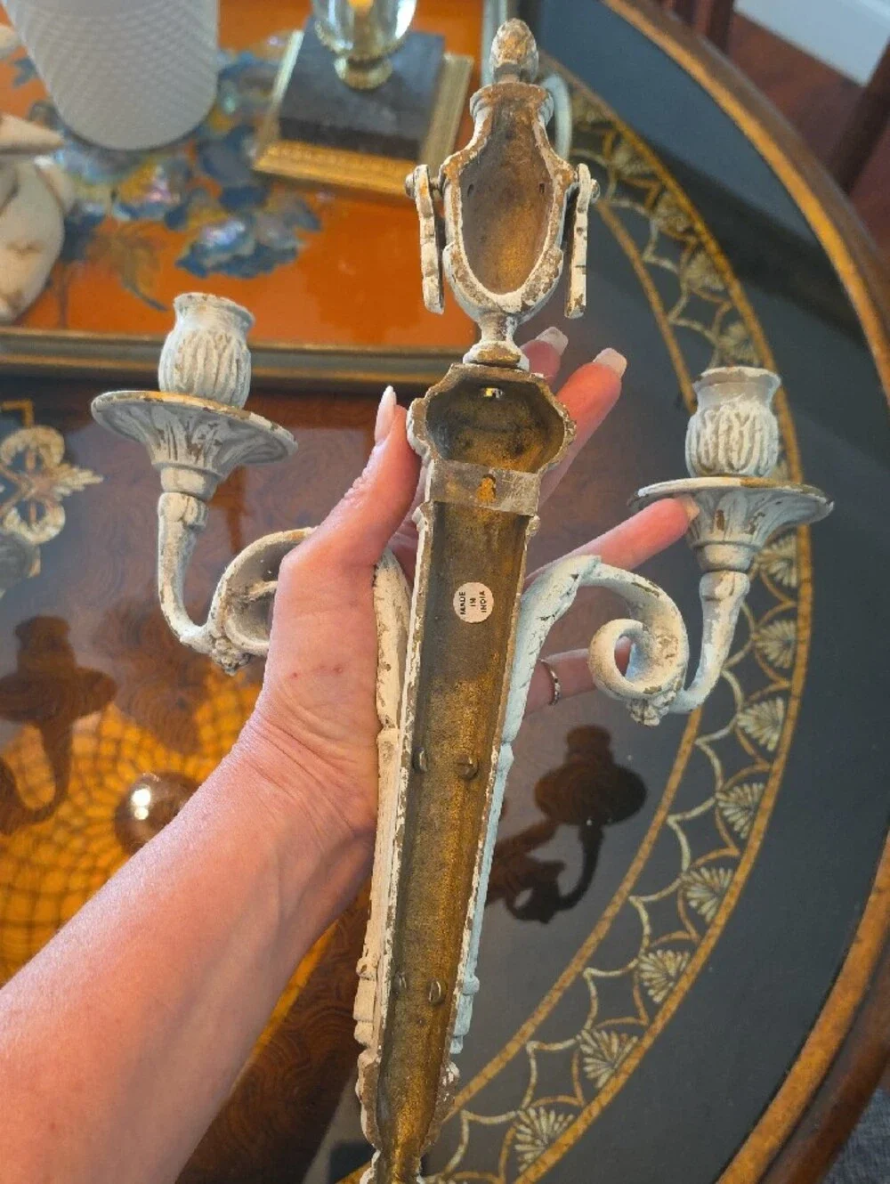 Vintage Andrea By Sadek White Distressed Ornate Wall Hook Sconces